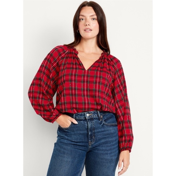 Old Navy Red Tartan Plaid Split Neck Ruffle Seersucker Top Blouse 2X Christmas - Picture 1 of 12